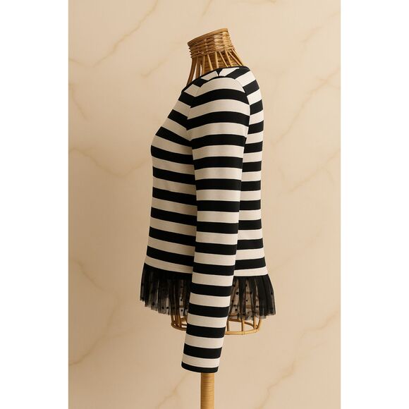 Talbots Women’s Striped Long Sleeve Top with Lace Hem Size S Black White - Picture 4 of 8